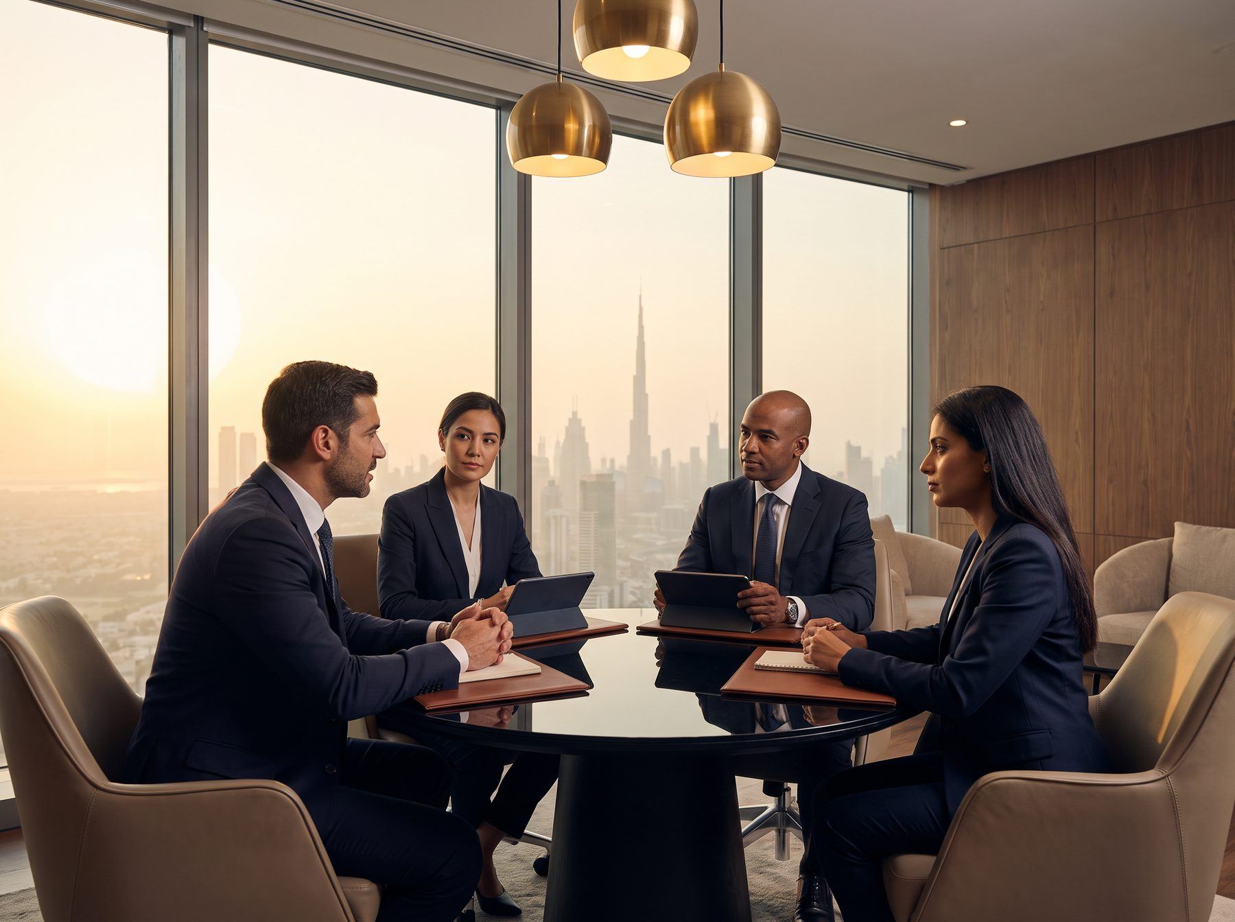 An Aurum advisory team in discussion around a boardroom table, with the Dubai skyline at sunset through the window