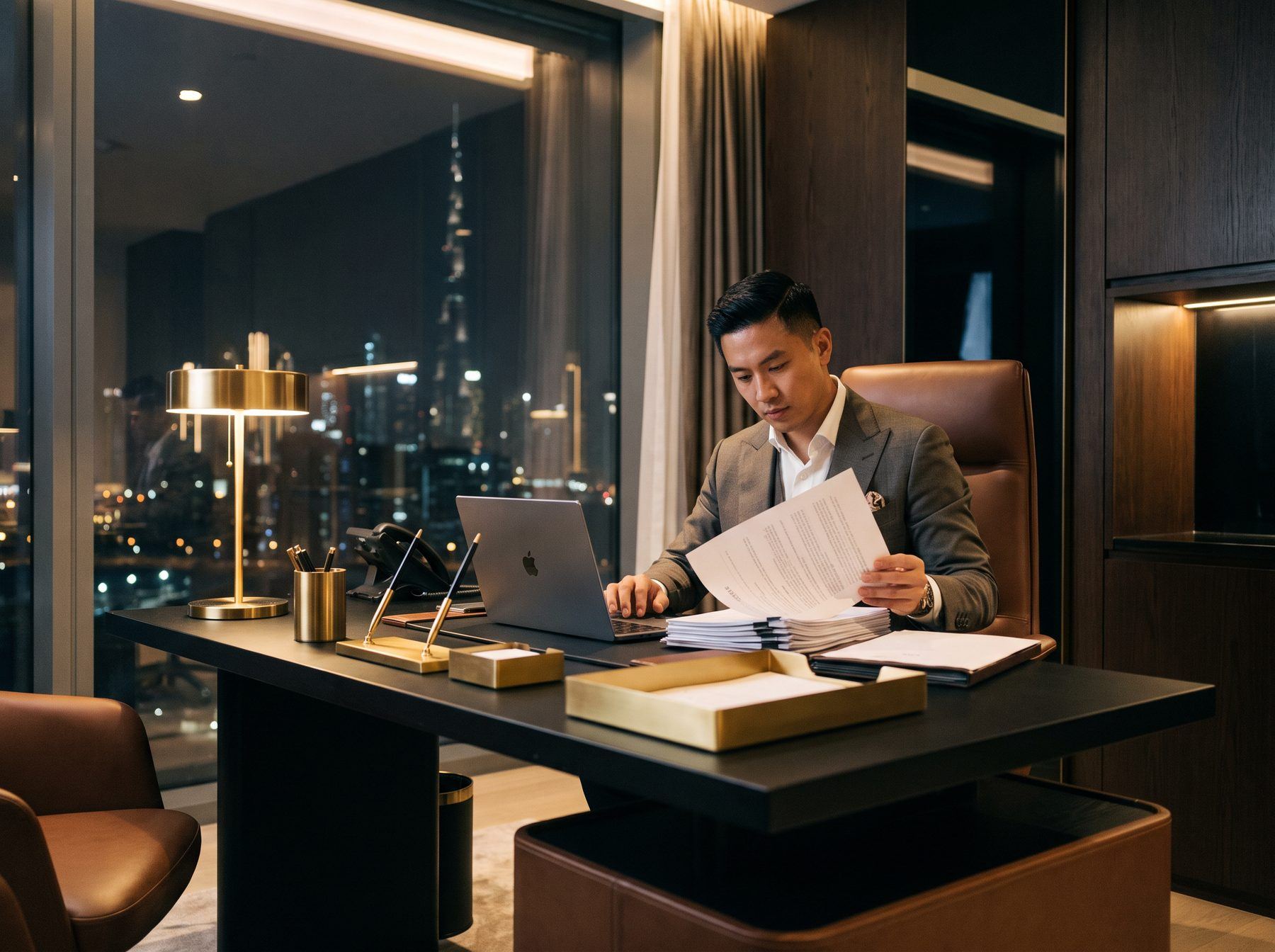 A consultant reviewing formation paperwork at a desk at night, with the Dubai skyline lit up outside
