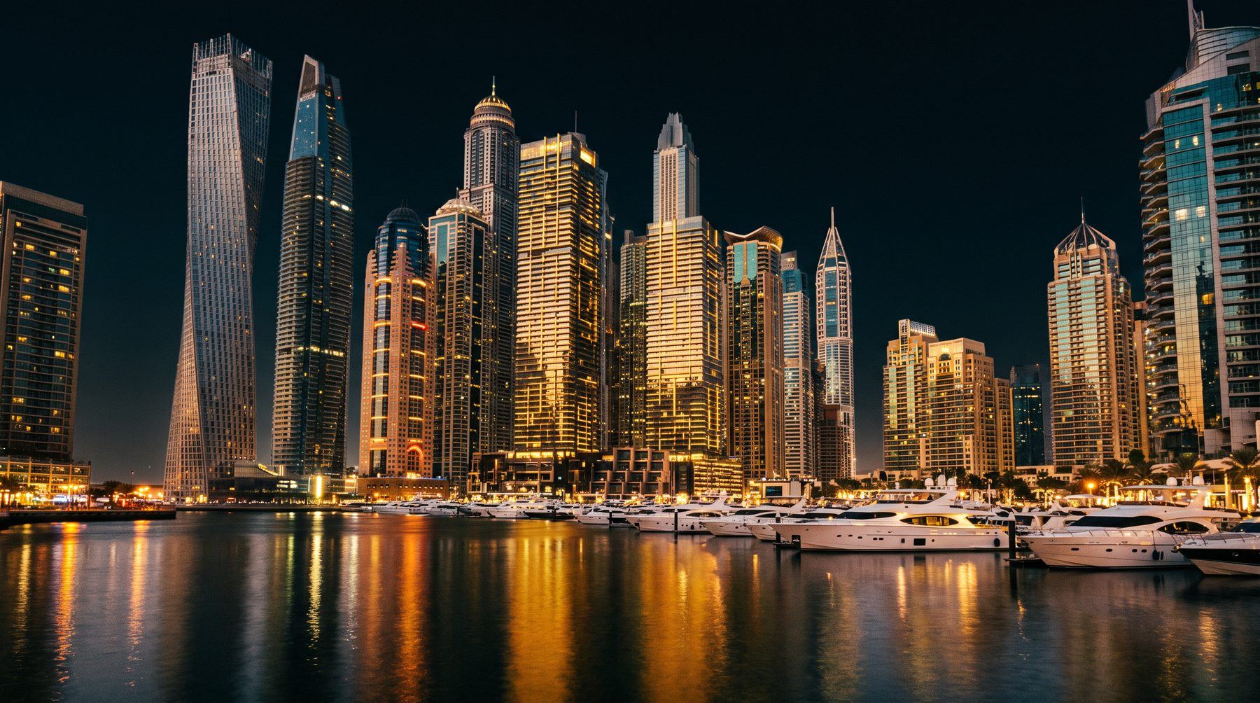 Dubai Marina skyline reflected in the water at night