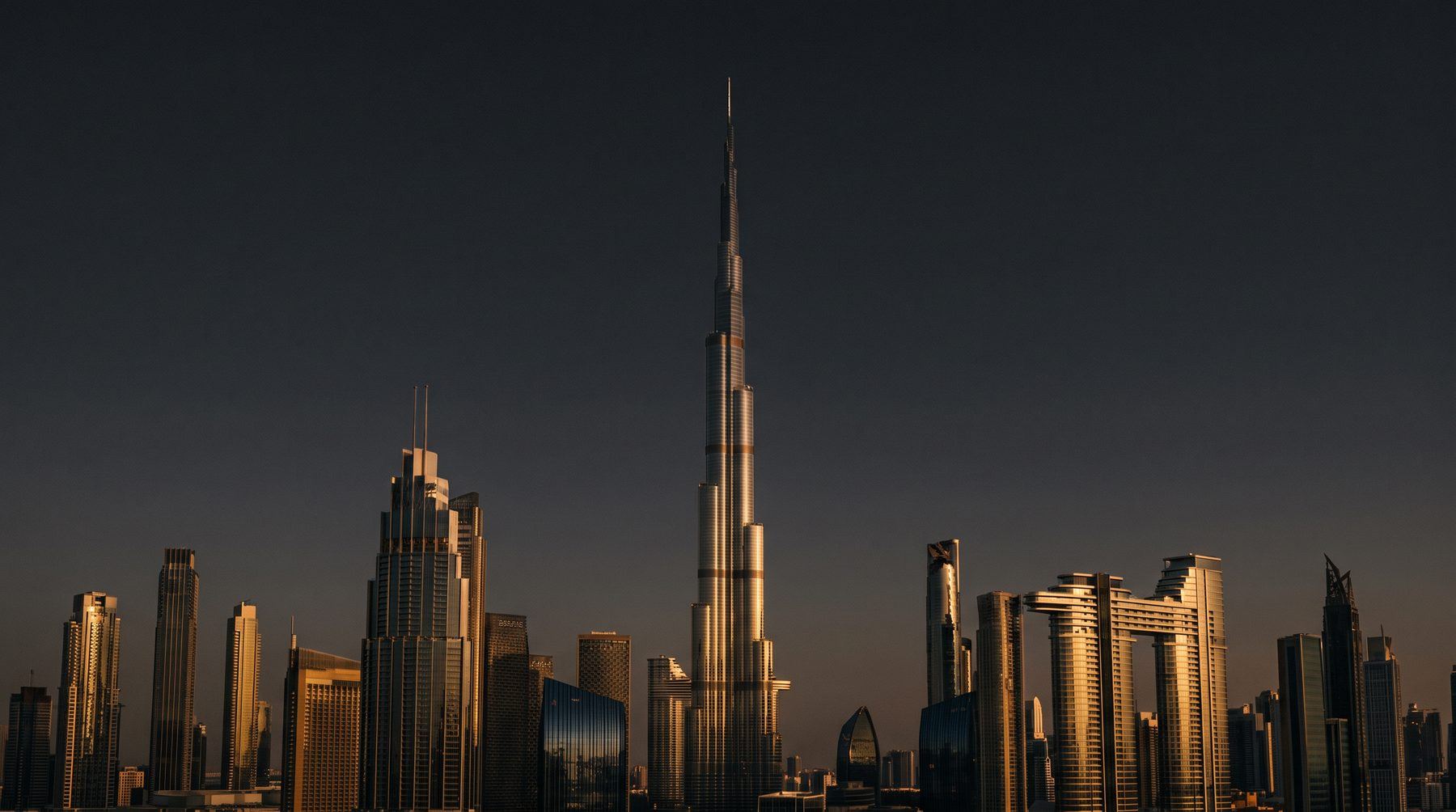 Dubai skyline at dusk, with the Burj Khalifa catching the last golden light