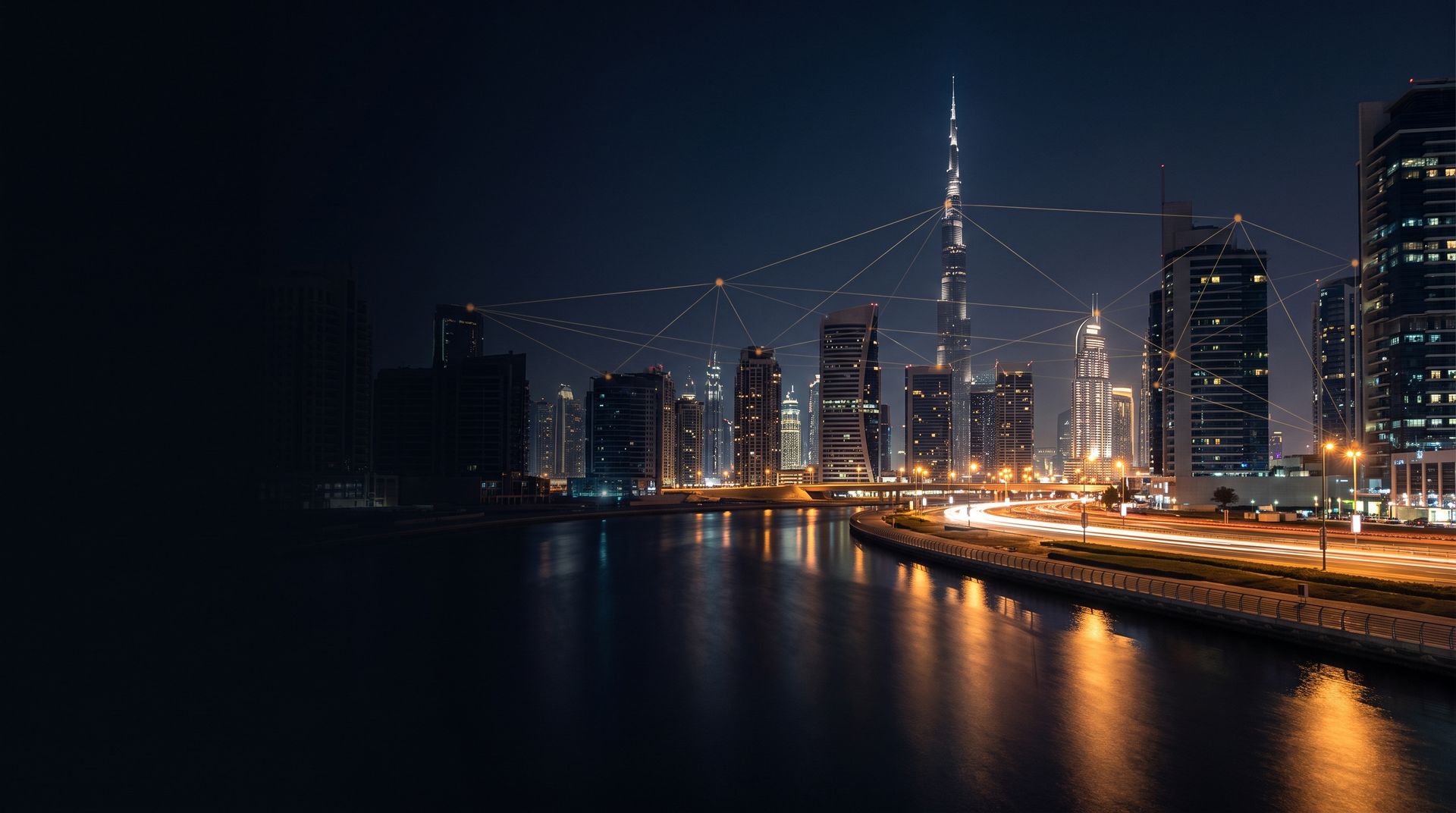Dubai skyline at night with fine gold lines linking the towers