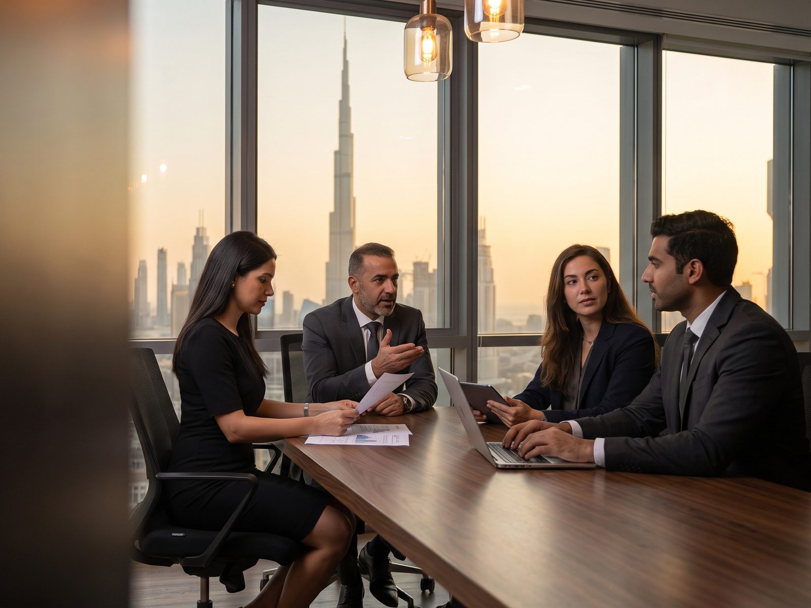 Four professionals in discussion around a table in a Dubai office at dusk, with the Burj Khalifa behind them