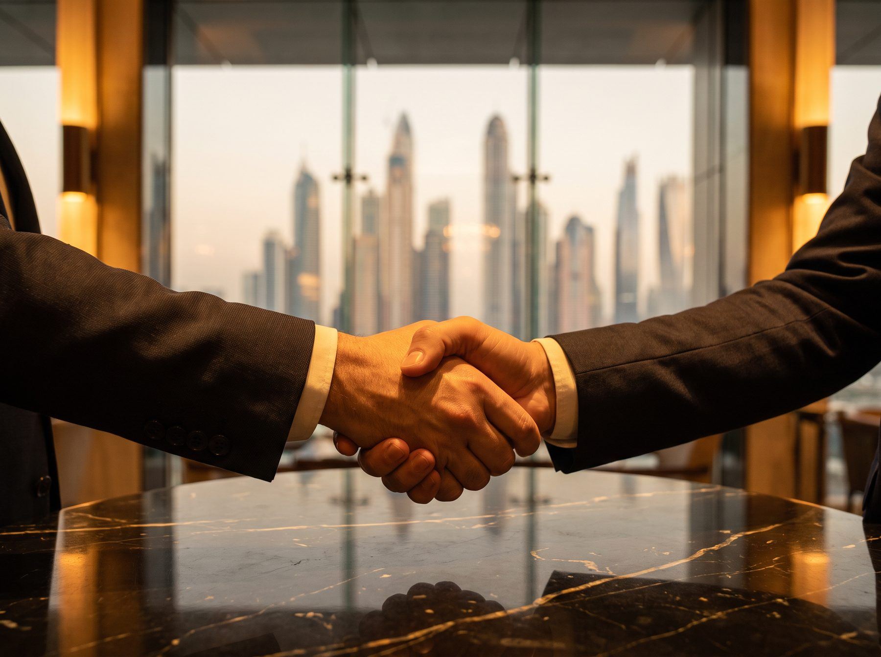 Two business professionals shaking hands over a boardroom table, with the Dubai skyline through the window behind them